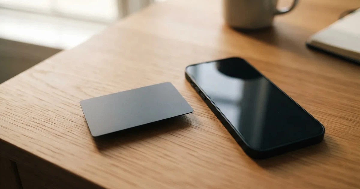 A payment card next to a phone with a crypto wallet app open