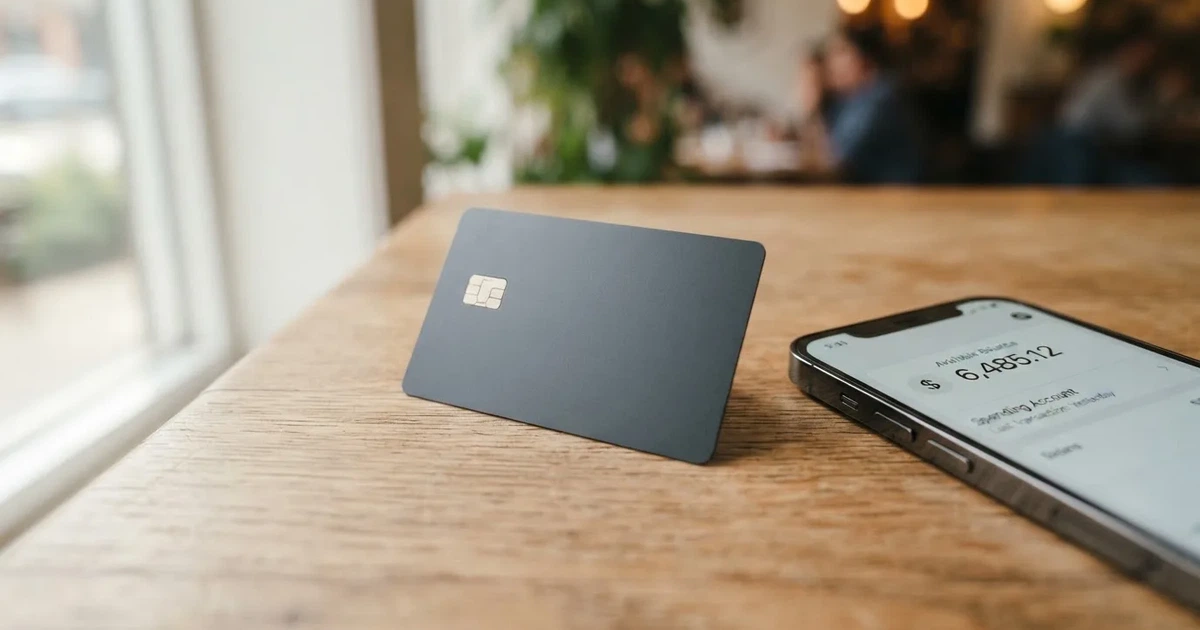 A payment card next to a phone with a crypto wallet app open
