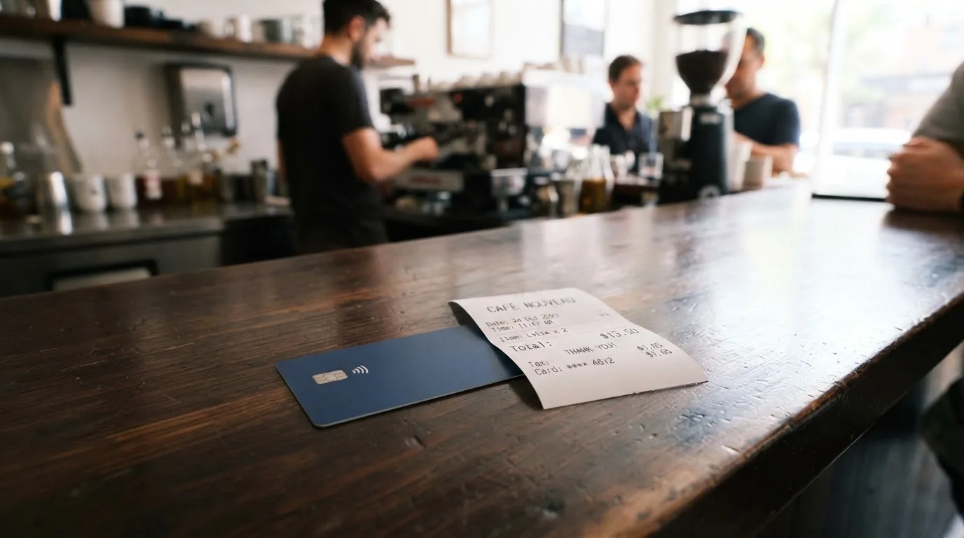 A receipt and a card on a café table