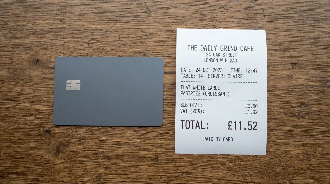 A receipt and a card on a café table