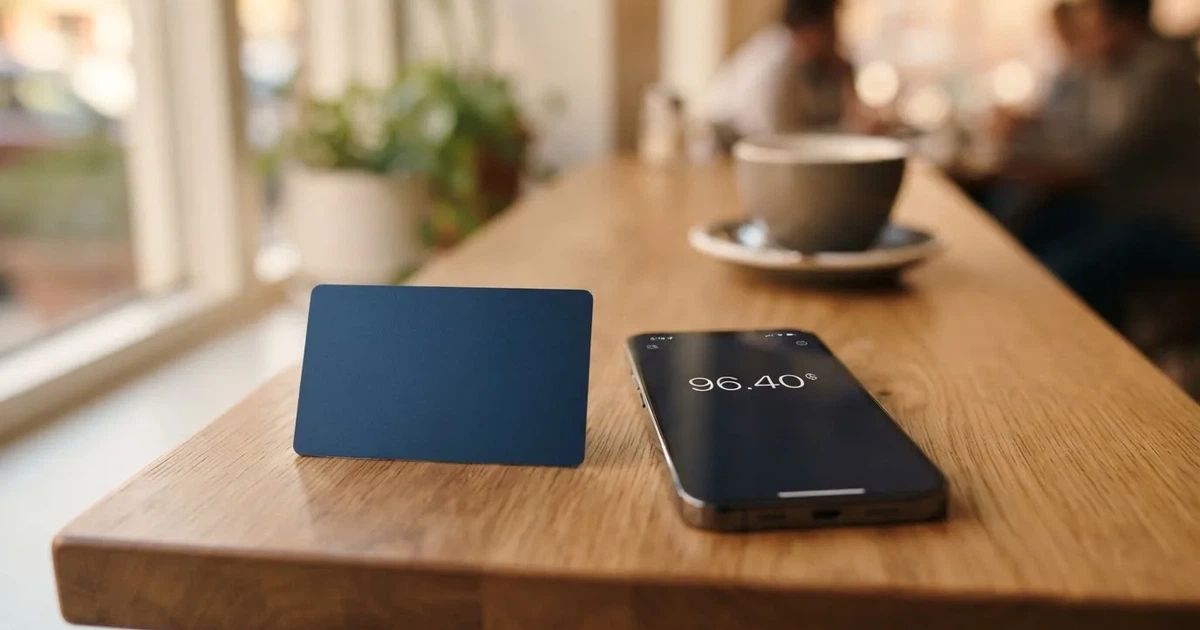 A payment card next to a phone with a crypto wallet app open
