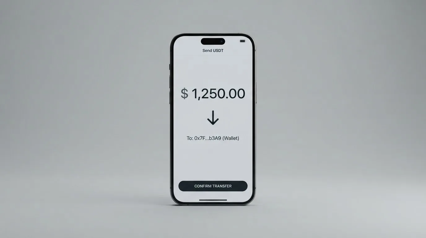 A phone showing a stablecoin transfer screen