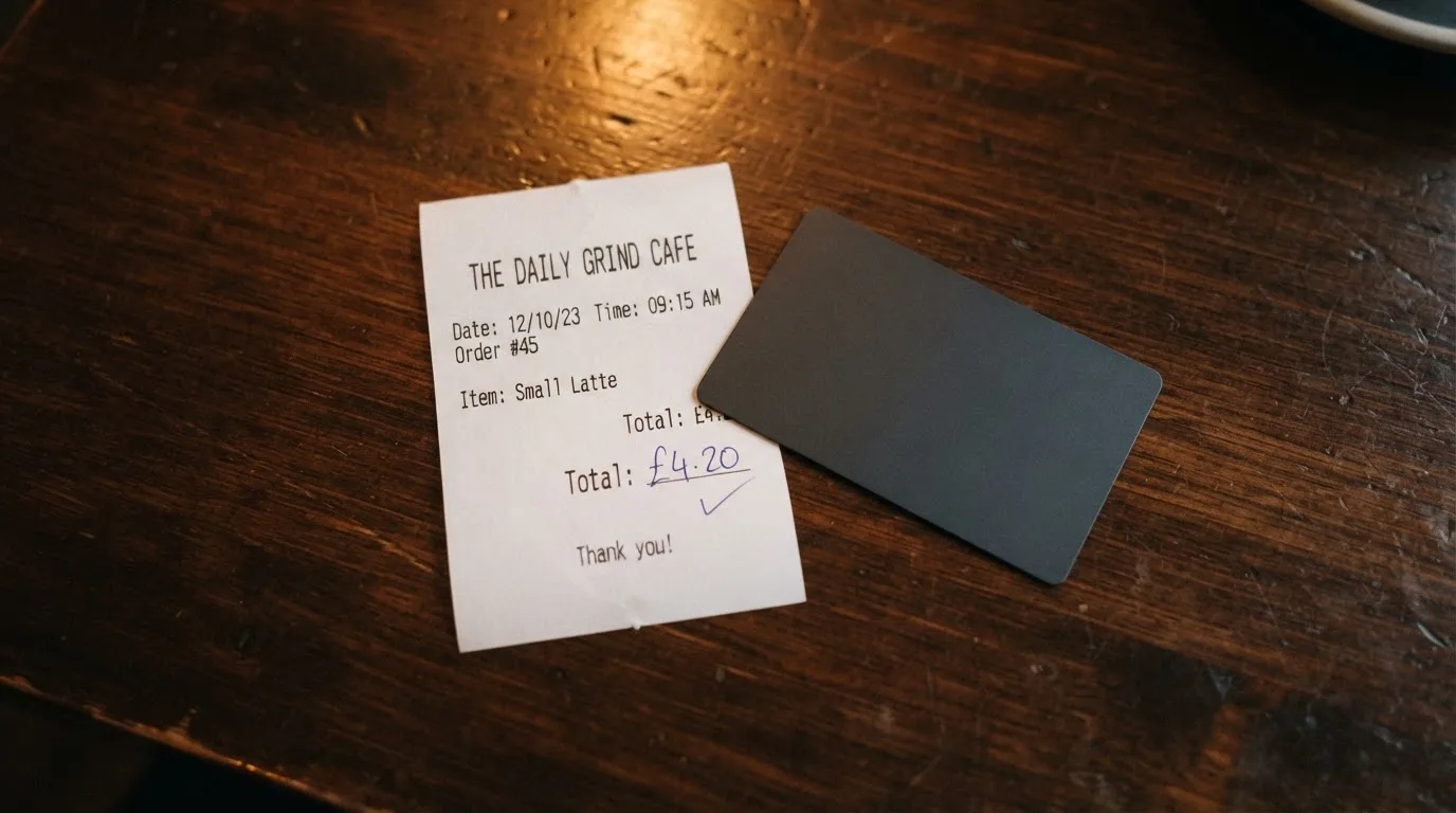 A receipt and a card on a café table