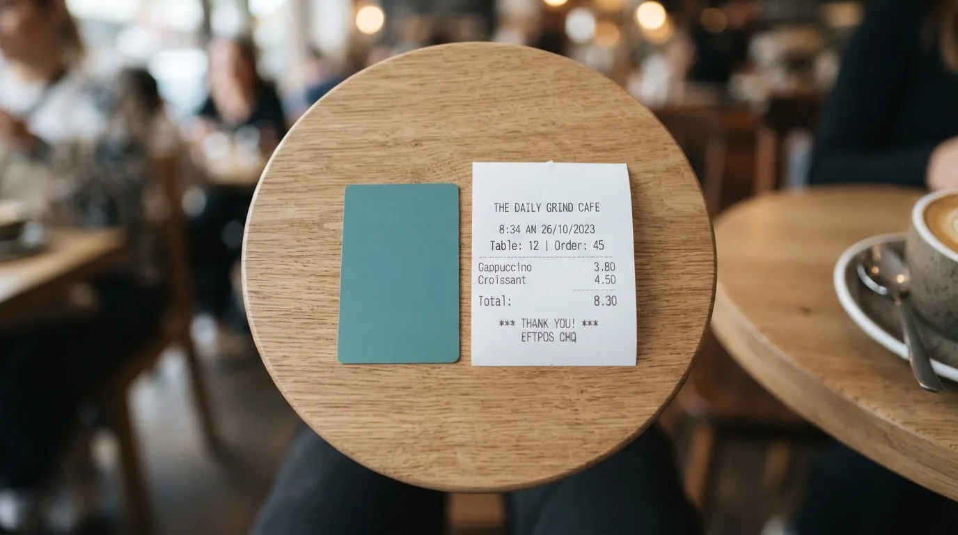 A receipt and a card on a café table