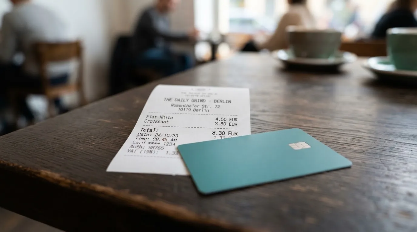 A receipt and a card on a café table