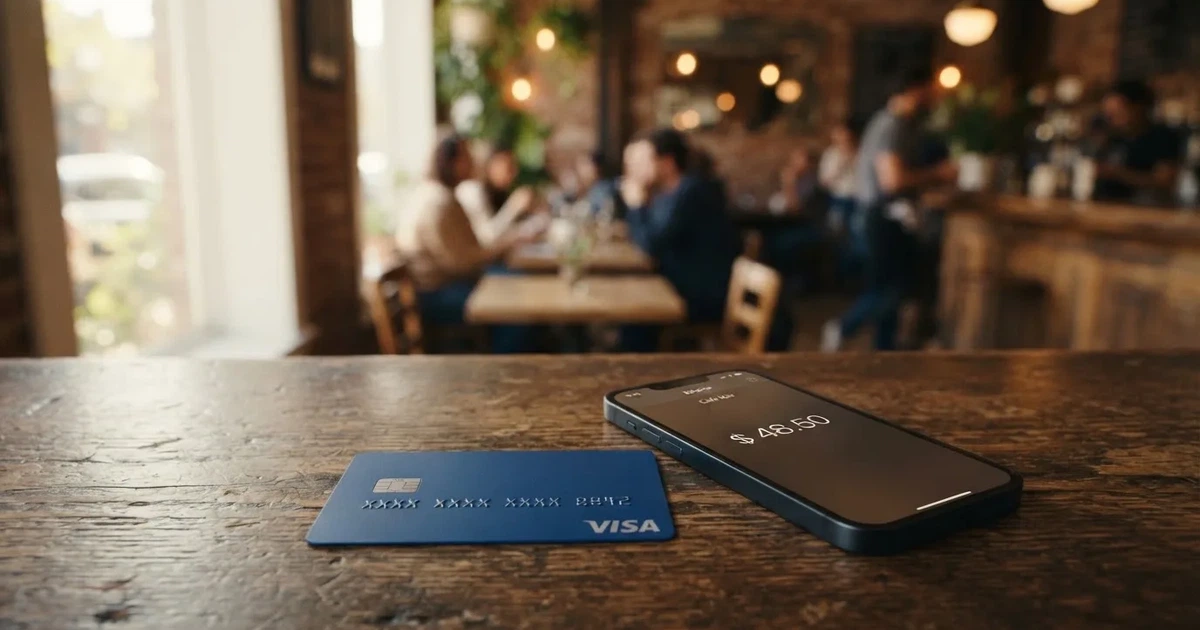 A payment card next to a phone with a crypto wallet app open