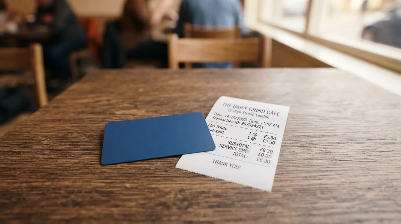 A receipt and a card on a café table