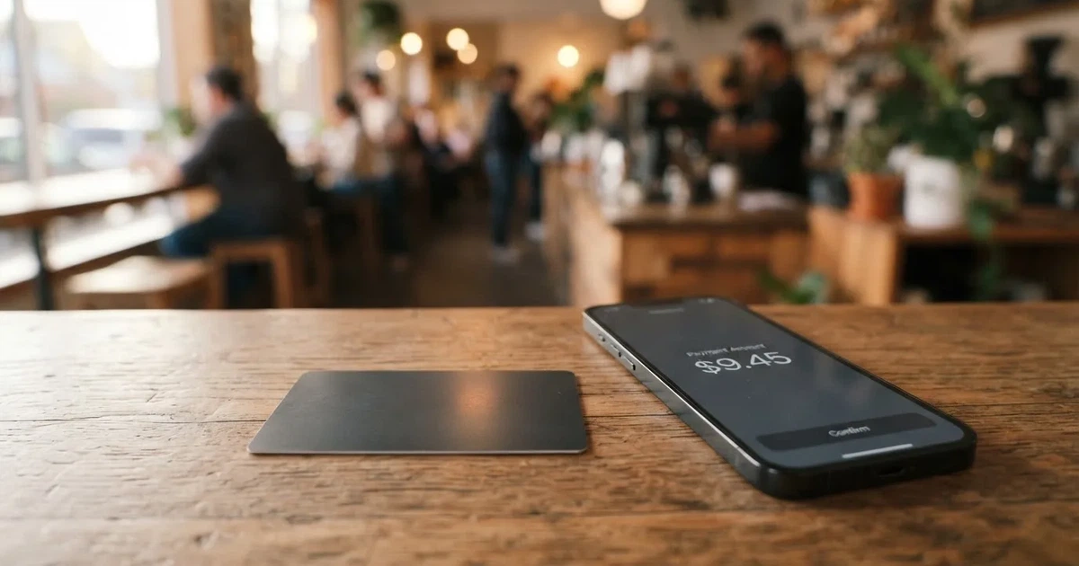 A payment card next to a phone with a crypto wallet app open