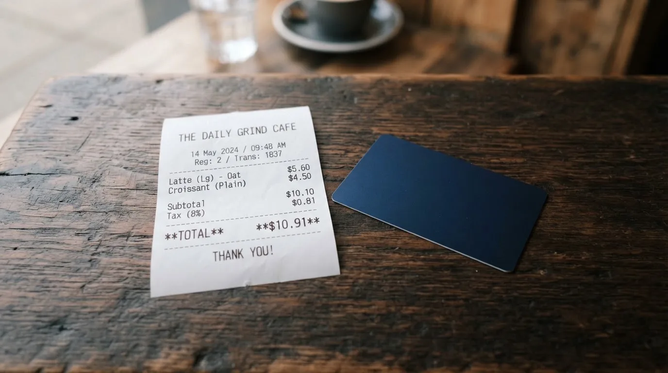 A receipt and a card on a café table