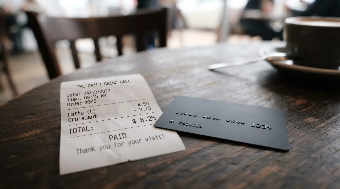 A receipt and a card on a café table