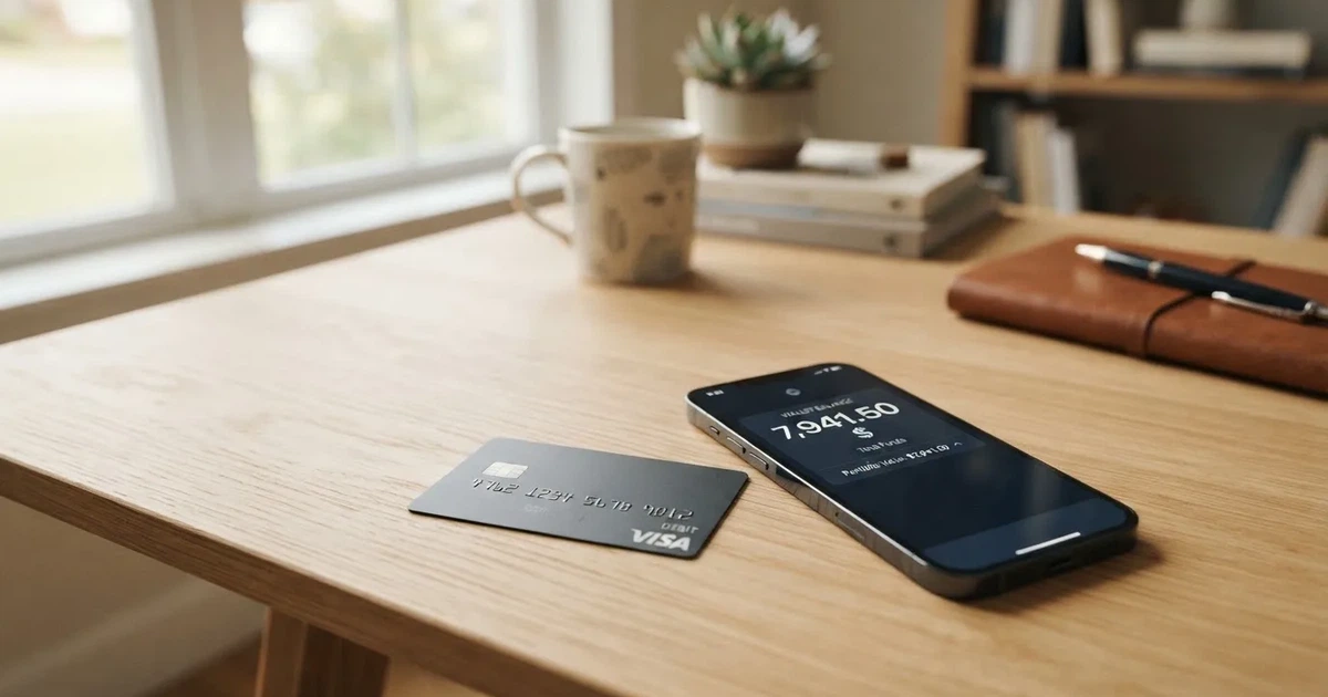 A payment card next to a phone with a crypto wallet app open