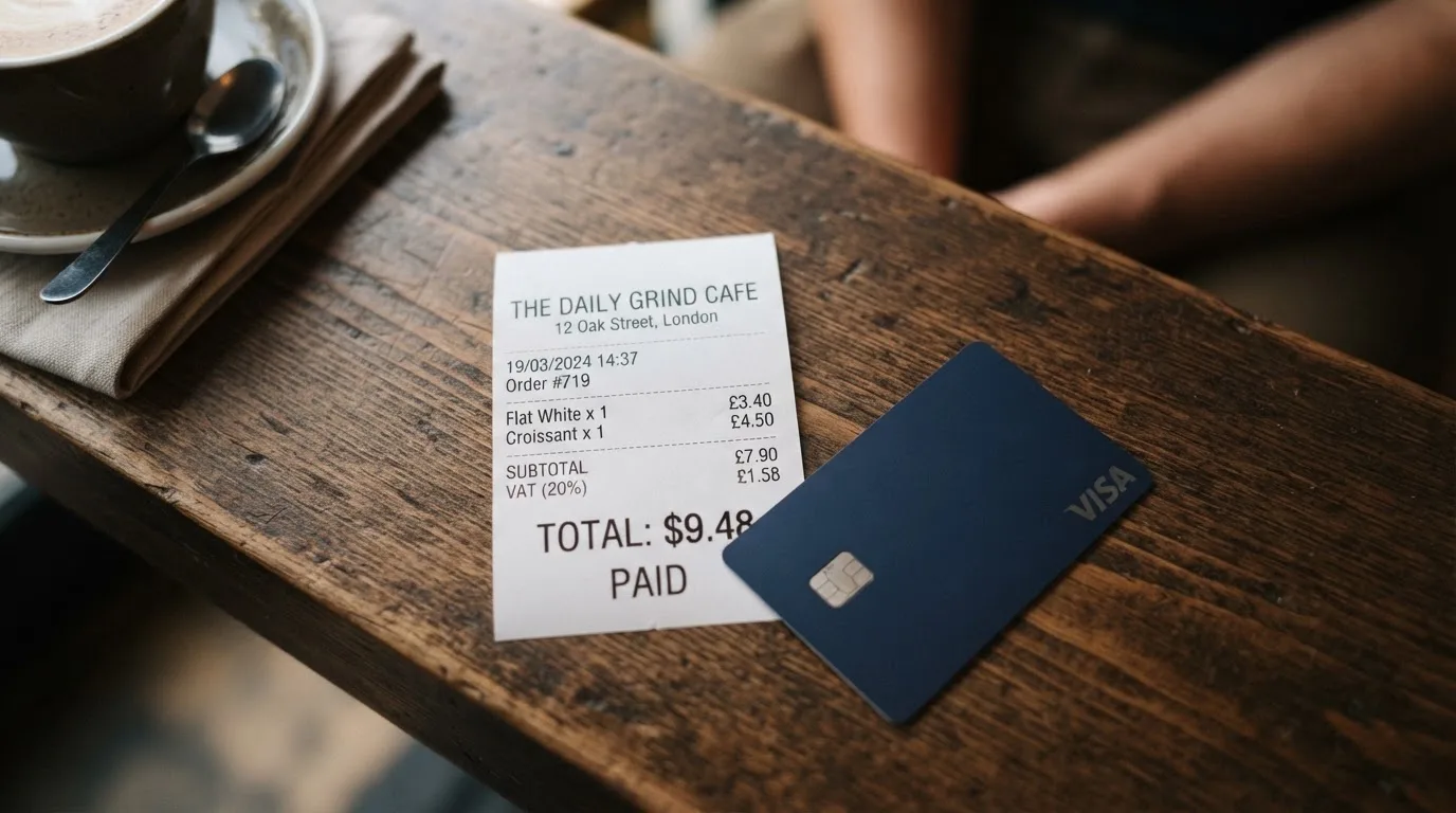 A receipt and a card on a café table