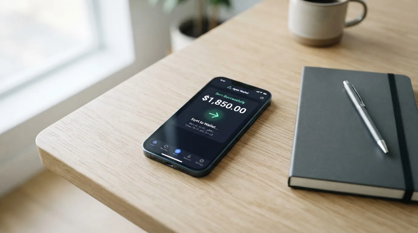A phone showing a stablecoin transfer screen