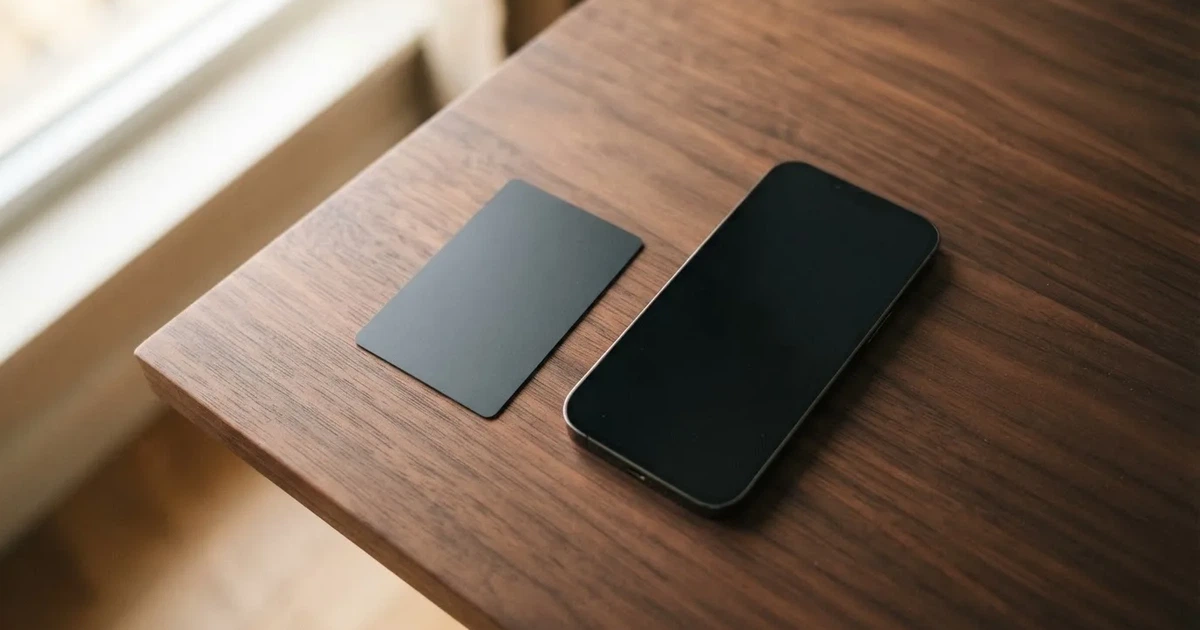 A payment card next to a phone with a crypto wallet app open