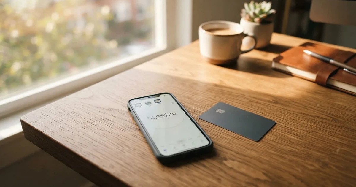 A payment card next to a phone with a crypto wallet app open