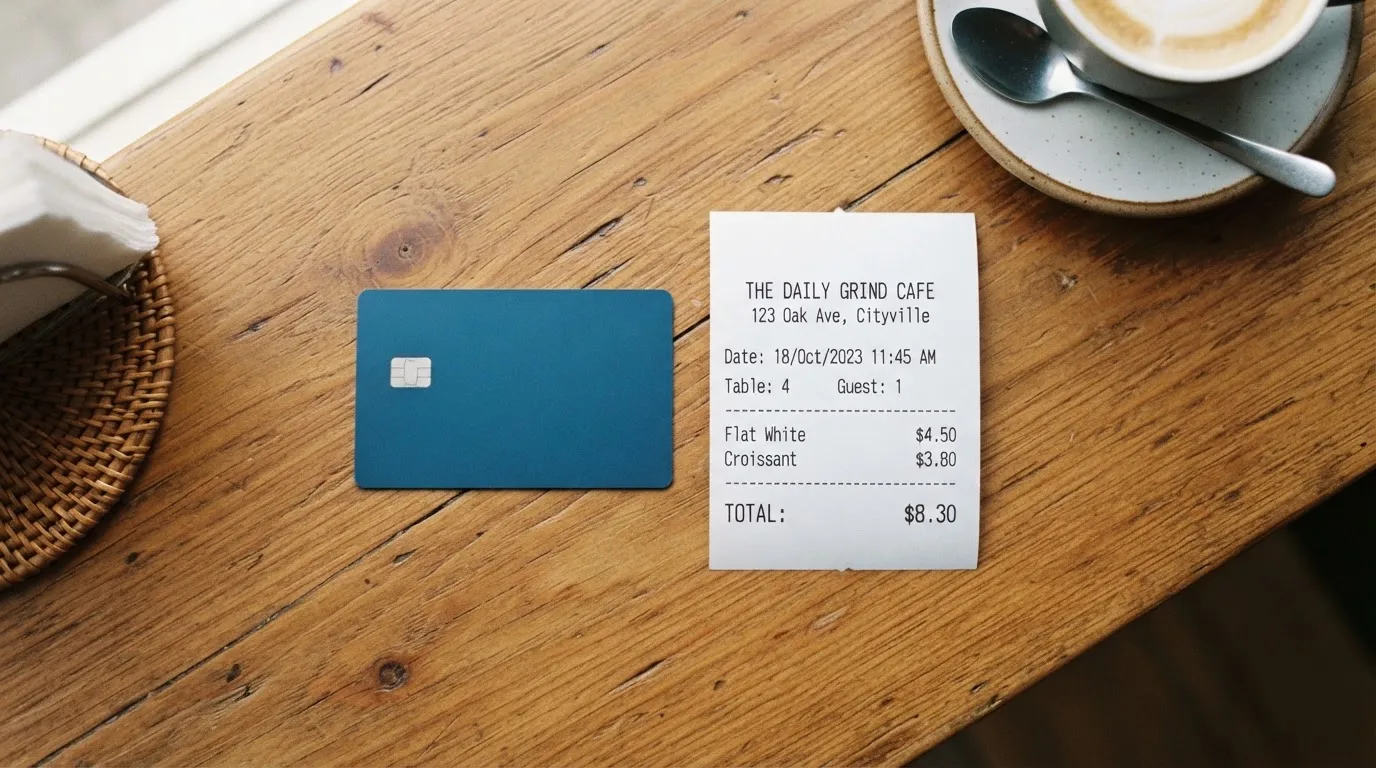 A receipt and a card on a café table