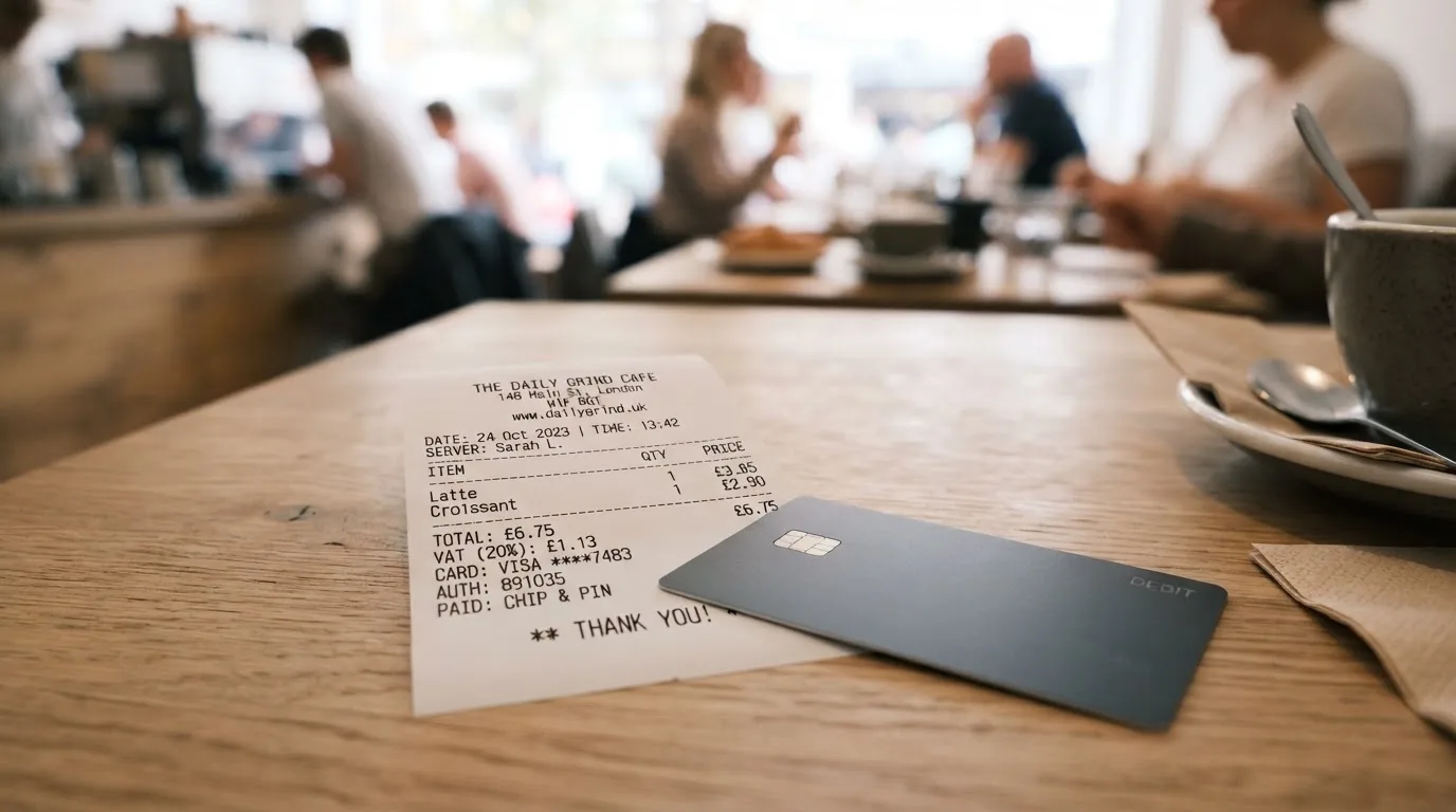 A receipt and a card on a café table