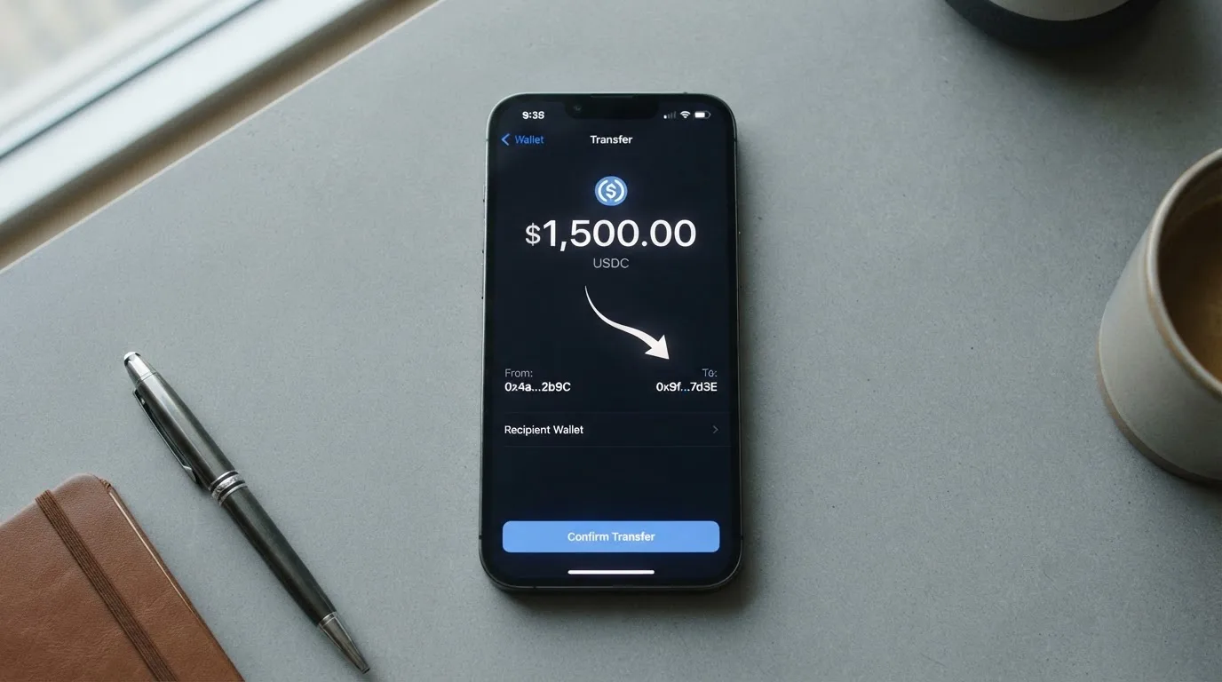A phone showing a stablecoin transfer screen