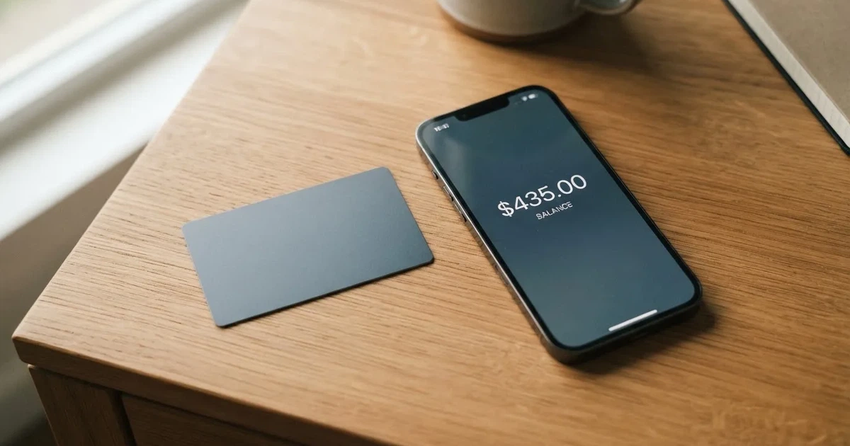 A payment card next to a phone with a crypto wallet app open