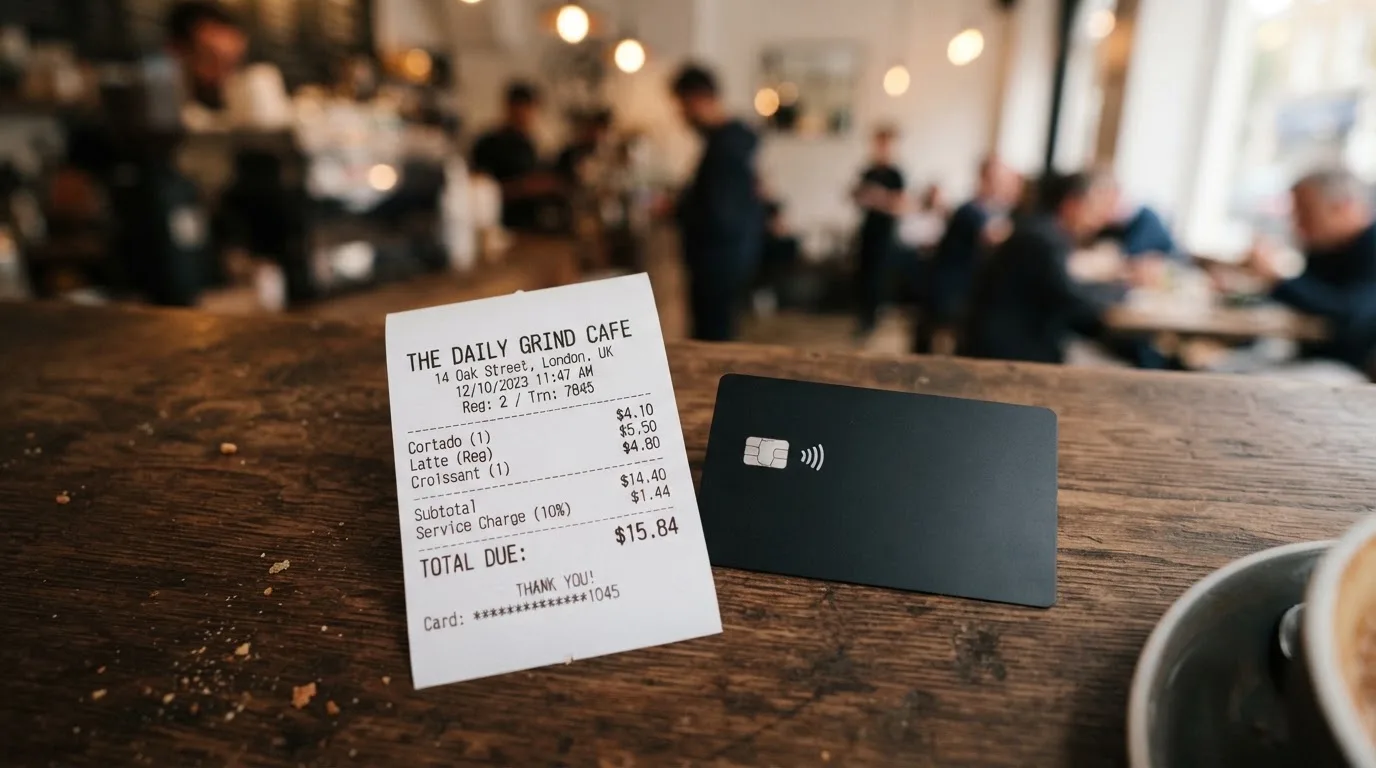 A receipt and a card on a café table