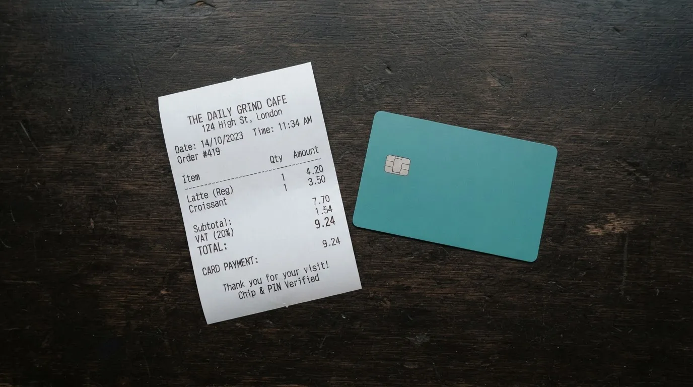 A receipt and a card on a café table