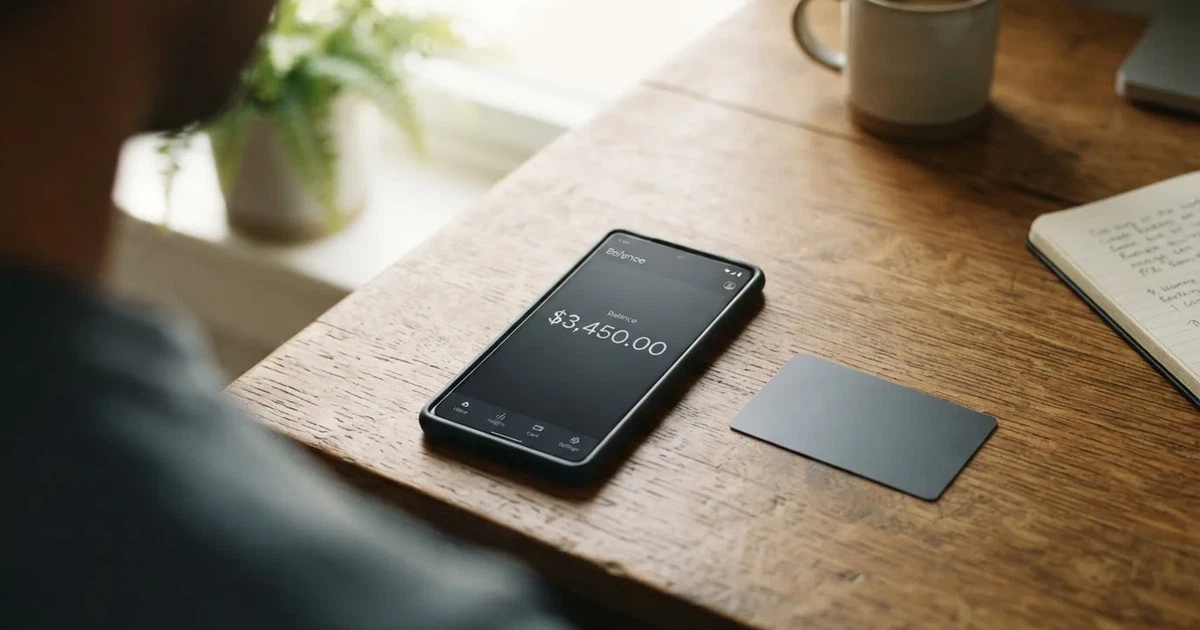 A payment card next to a phone with a crypto wallet app open