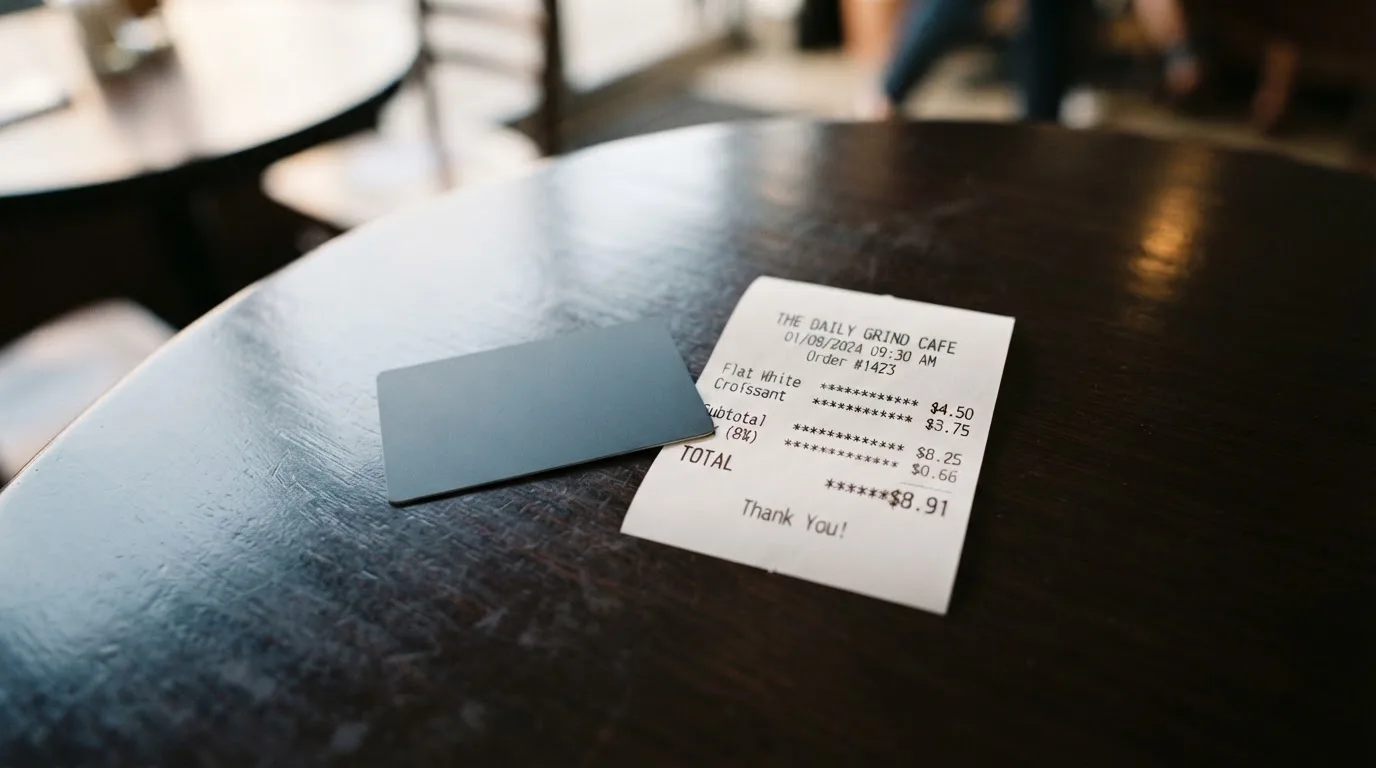 A receipt and a card on a café table