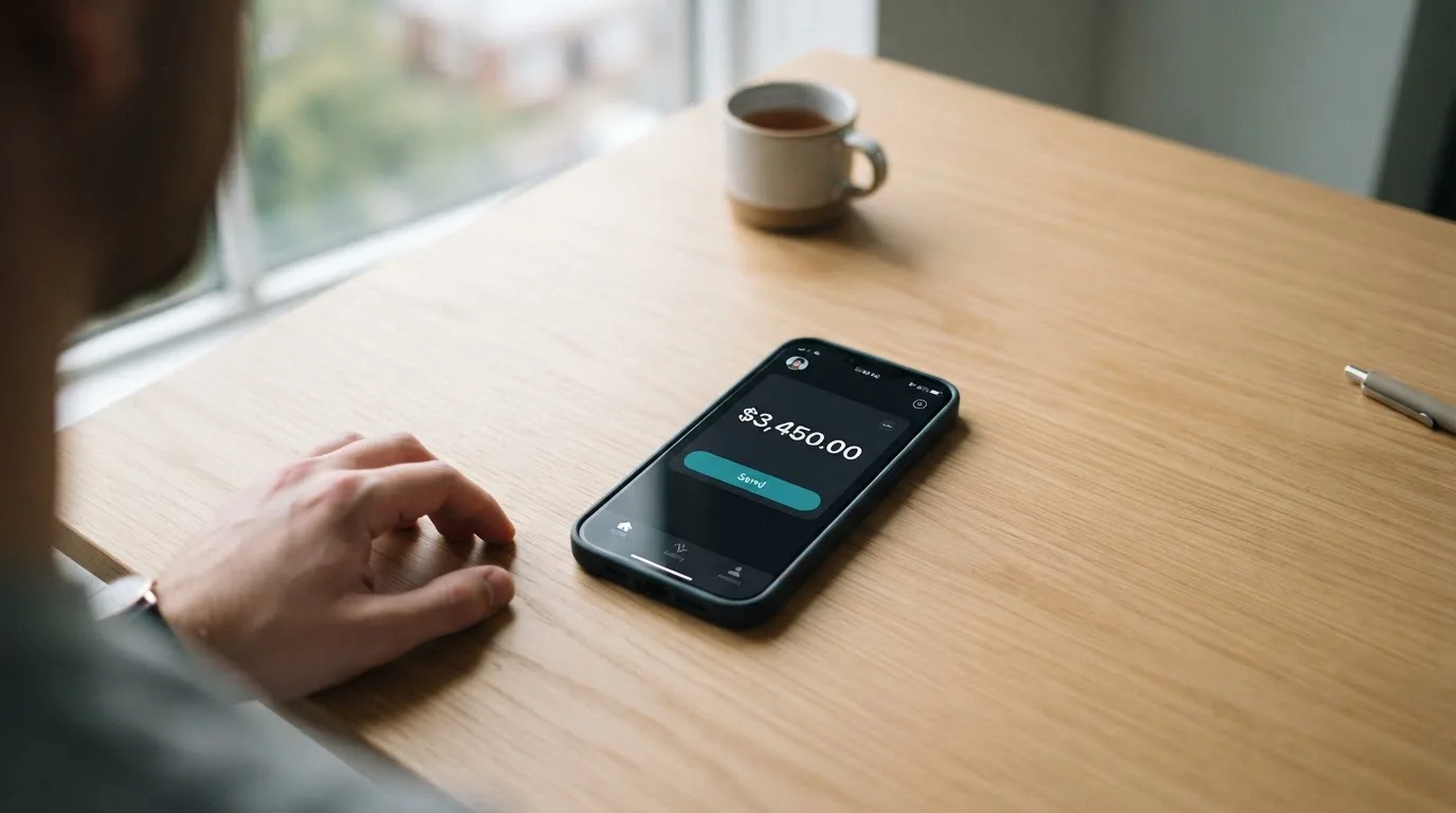 A phone showing a stablecoin transfer screen