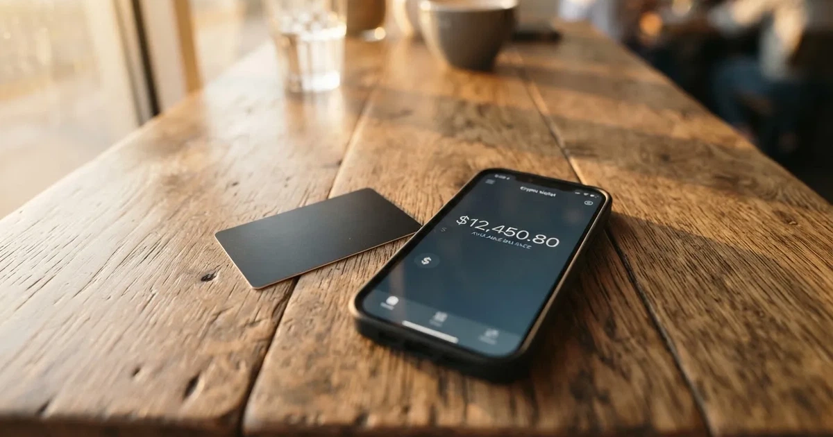 A payment card next to a phone with a crypto wallet app open