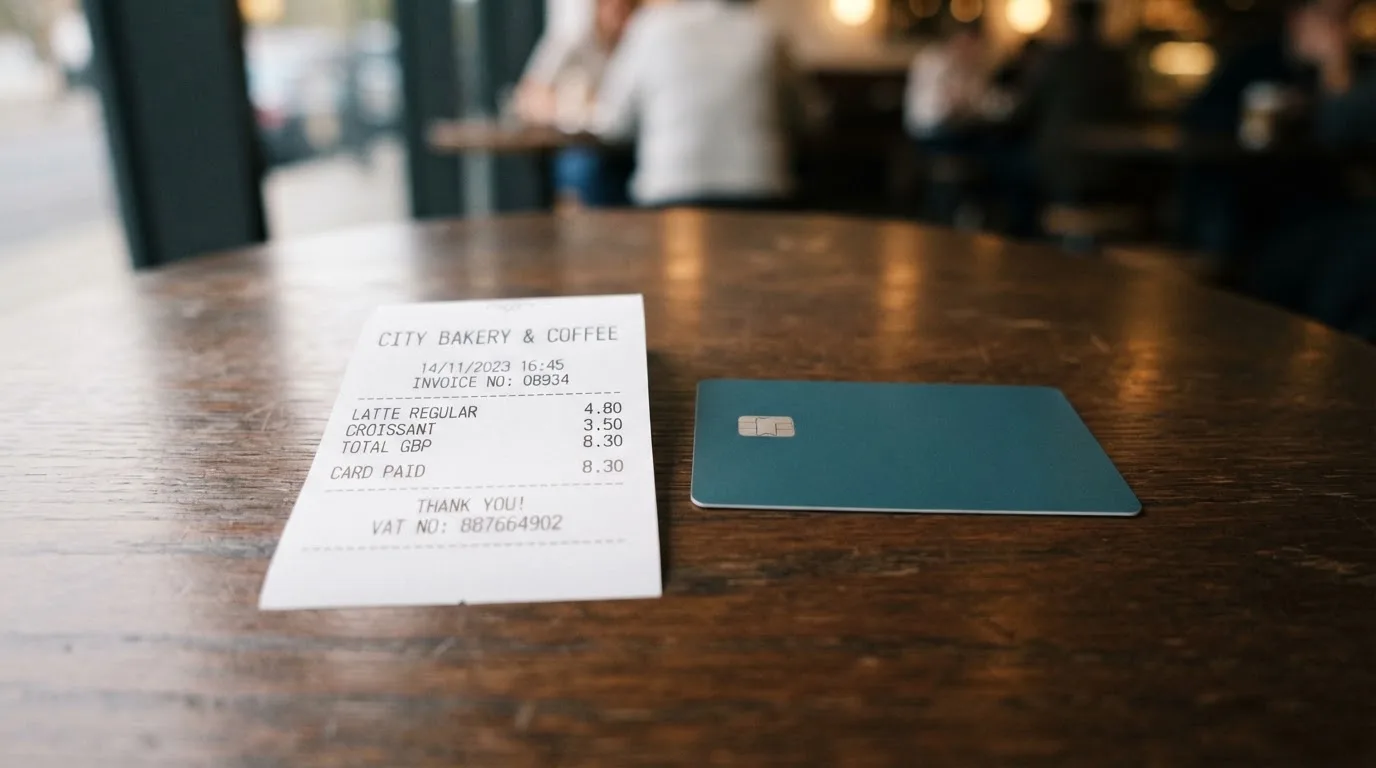 A receipt and a card on a café table