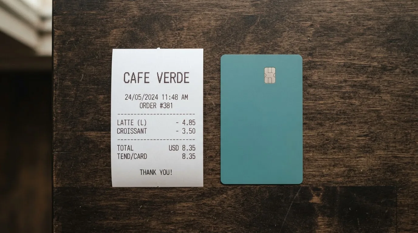 A receipt and a card on a café table