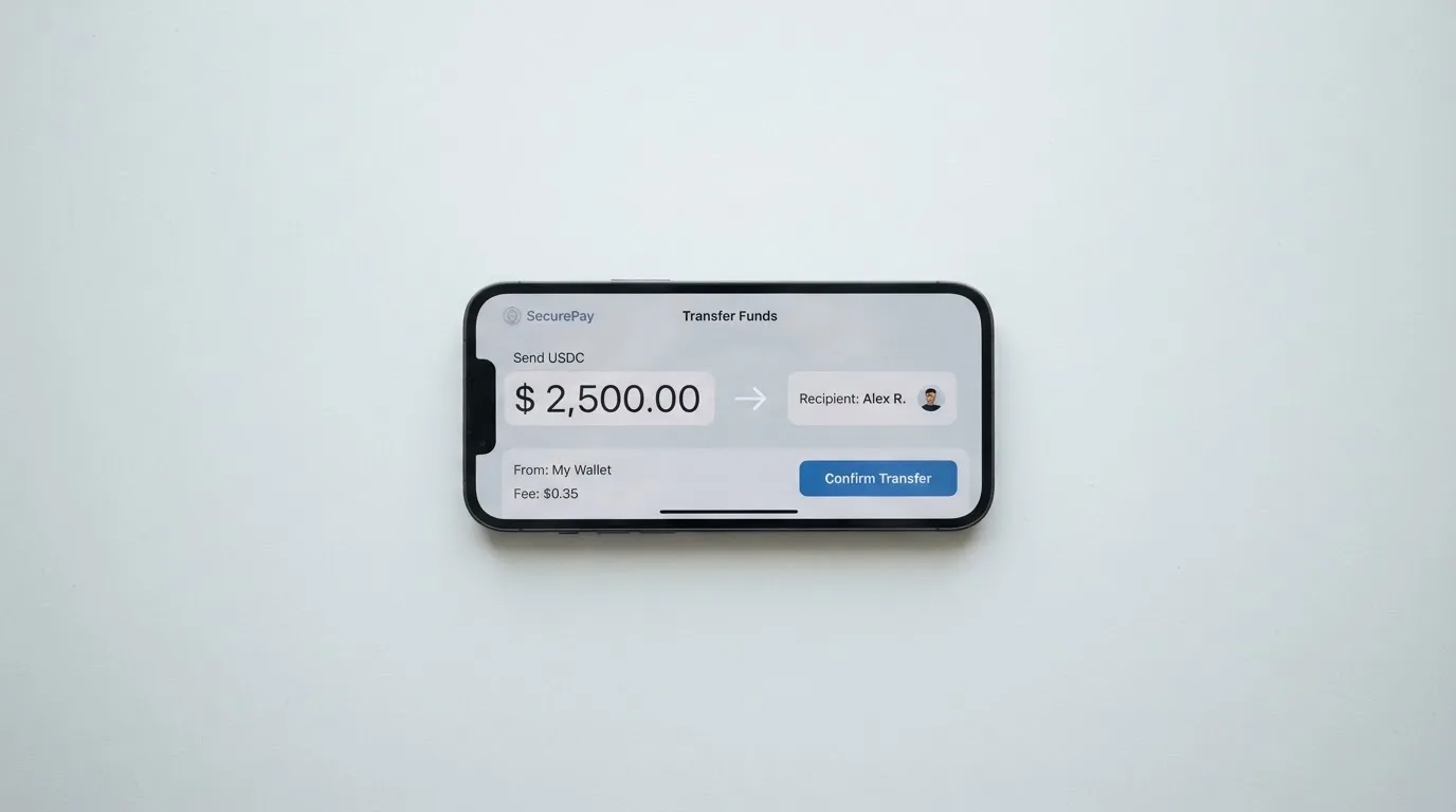 A phone showing a stablecoin transfer screen