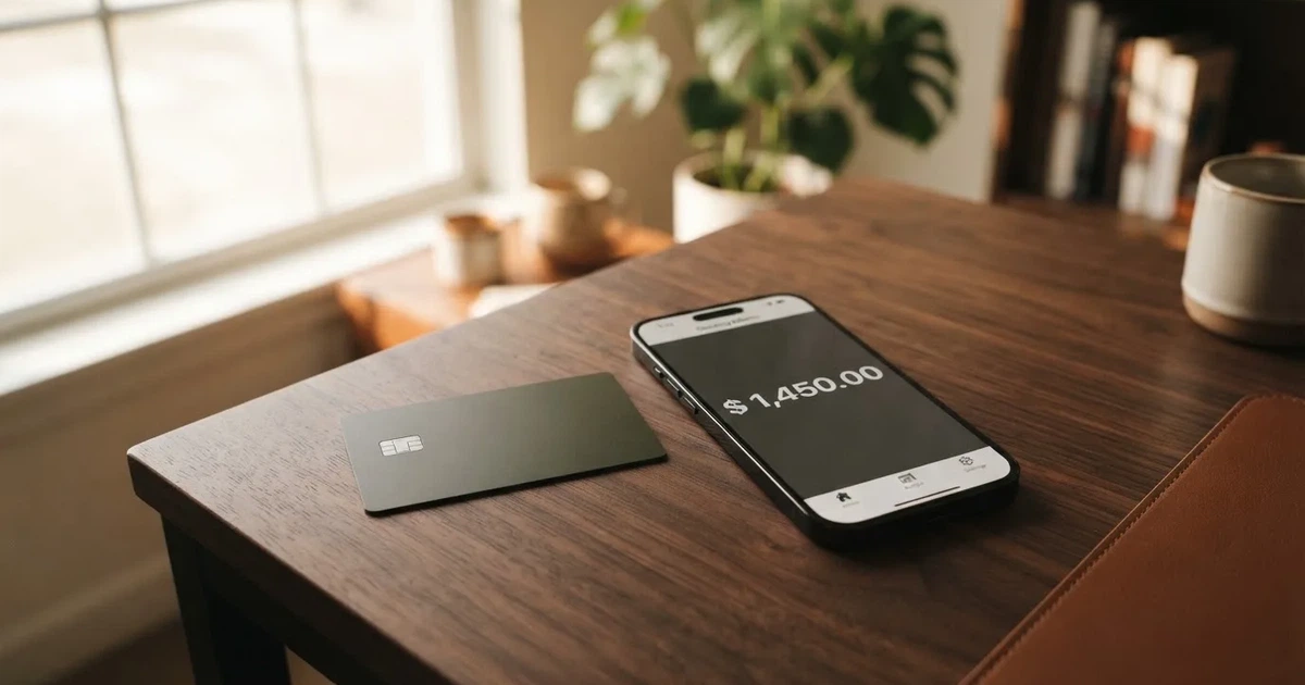 A payment card next to a phone with a crypto wallet app open