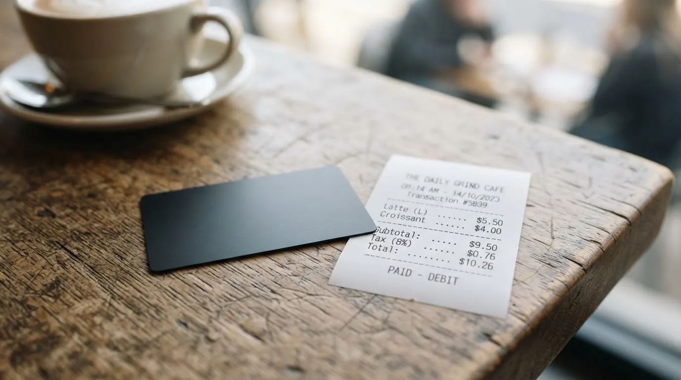 A receipt and a card on a café table