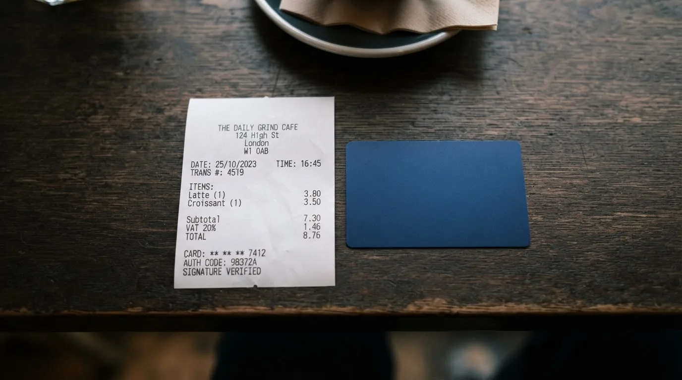 A receipt and a card on a café table