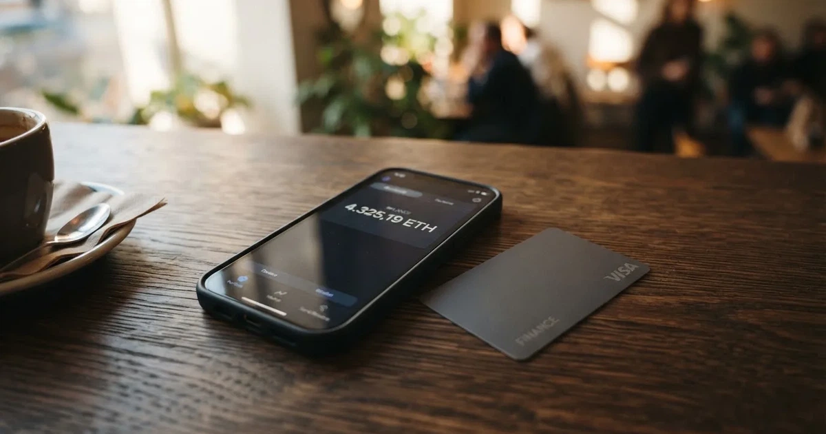 A payment card next to a phone with a crypto wallet app open