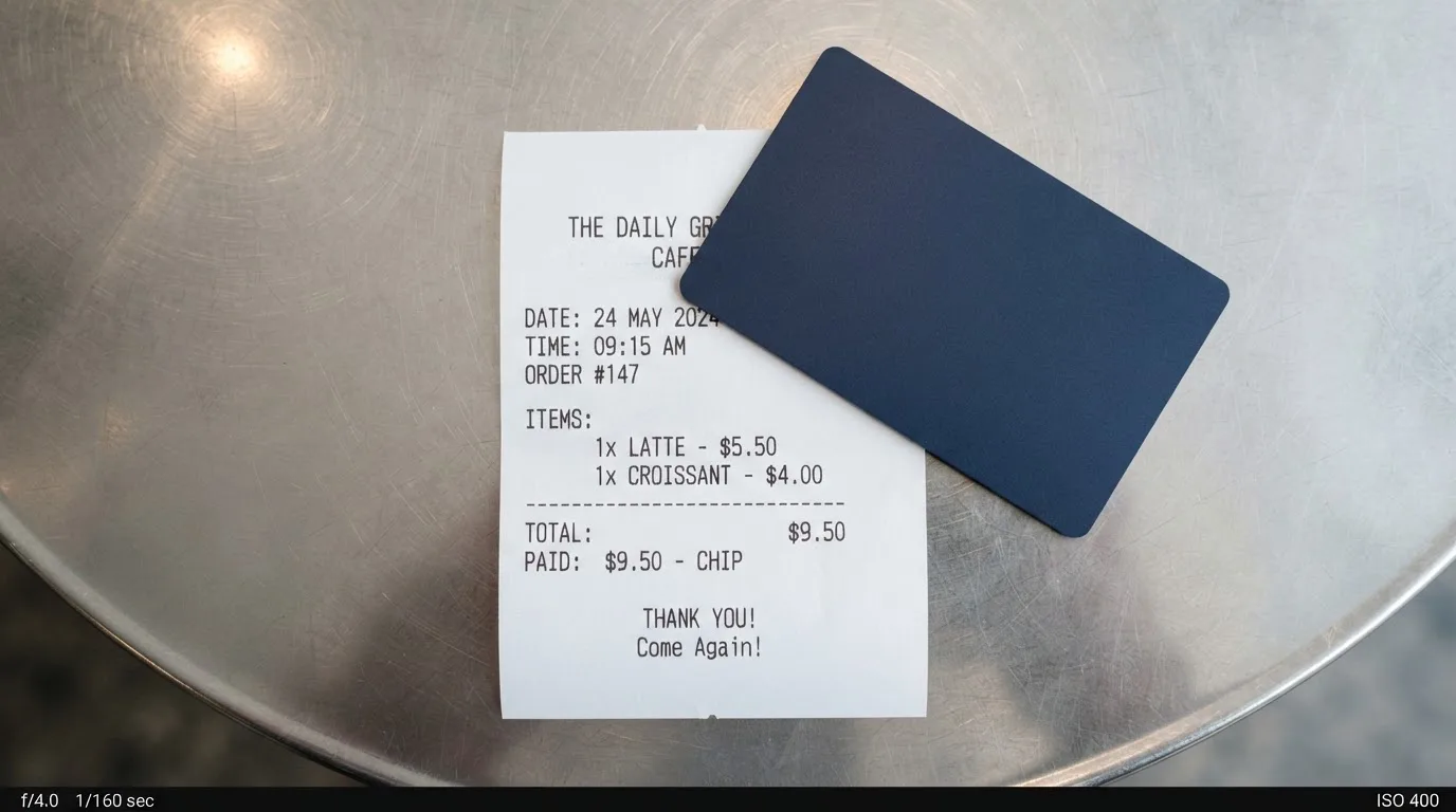 A receipt and a card on a café table