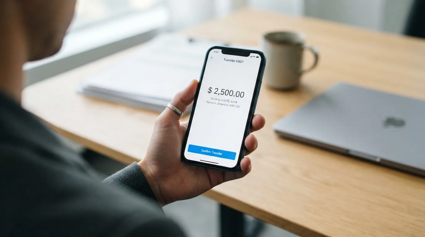 A phone showing a stablecoin transfer screen