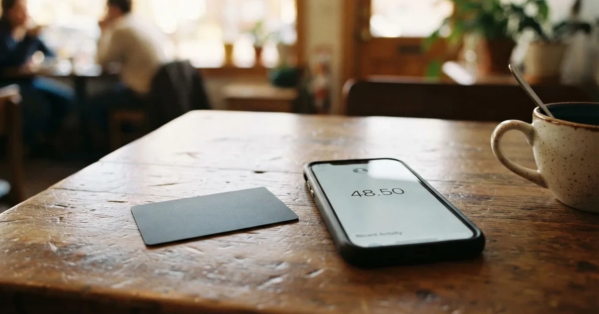 A payment card next to a phone with a crypto wallet app open