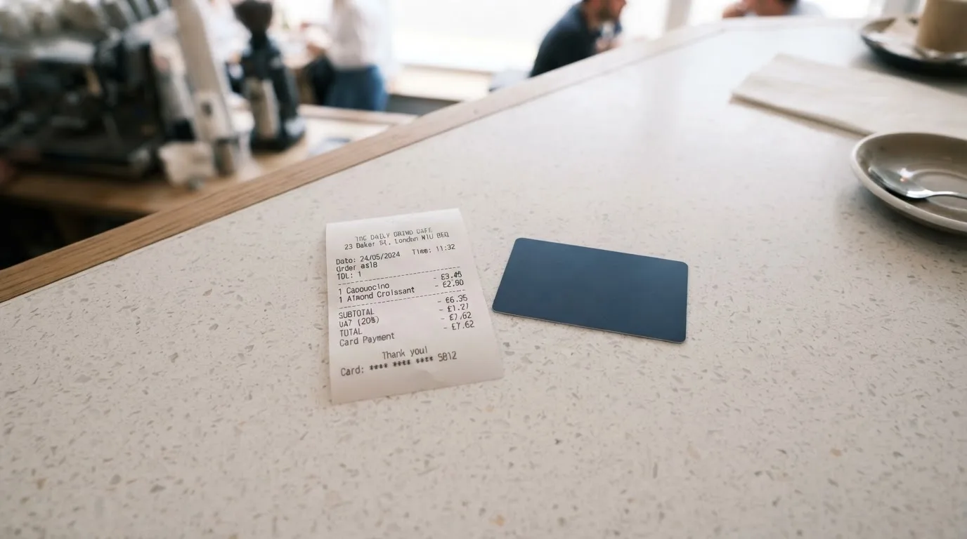 A receipt and a card on a café table