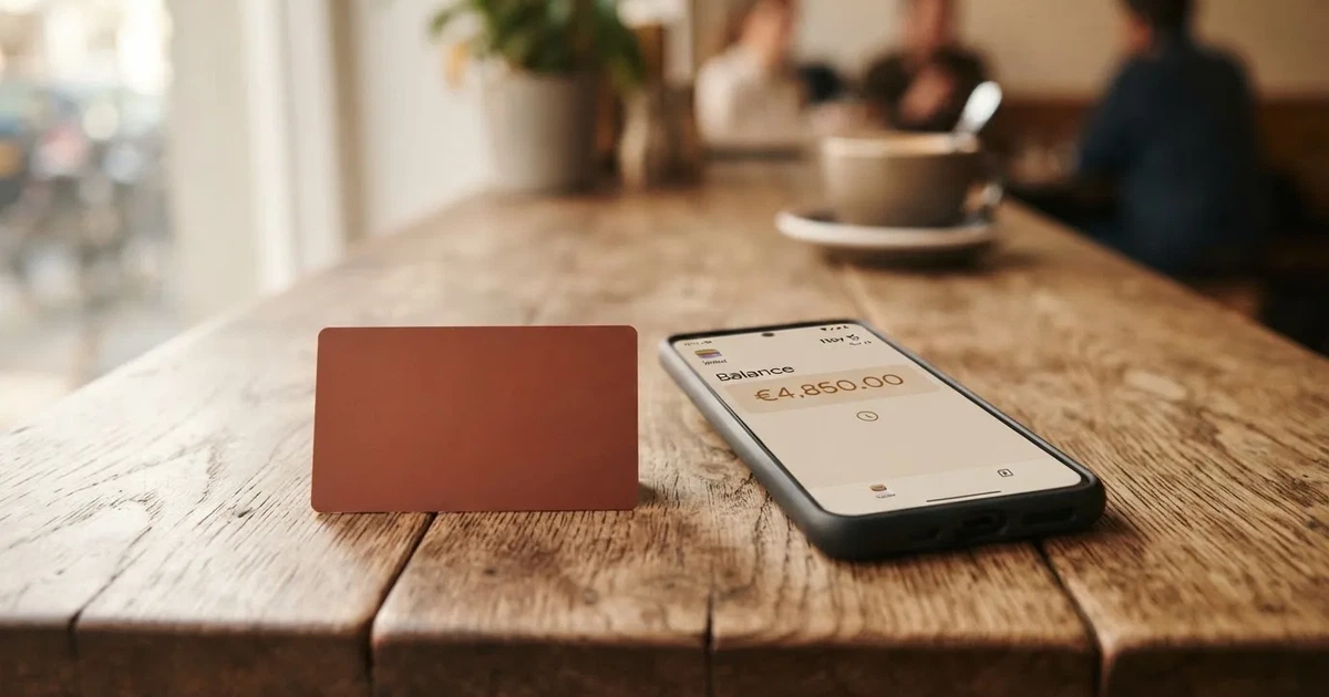 A payment card next to a phone with a crypto wallet app open