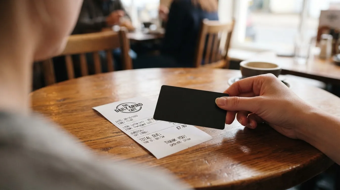 A receipt and a card on a café table