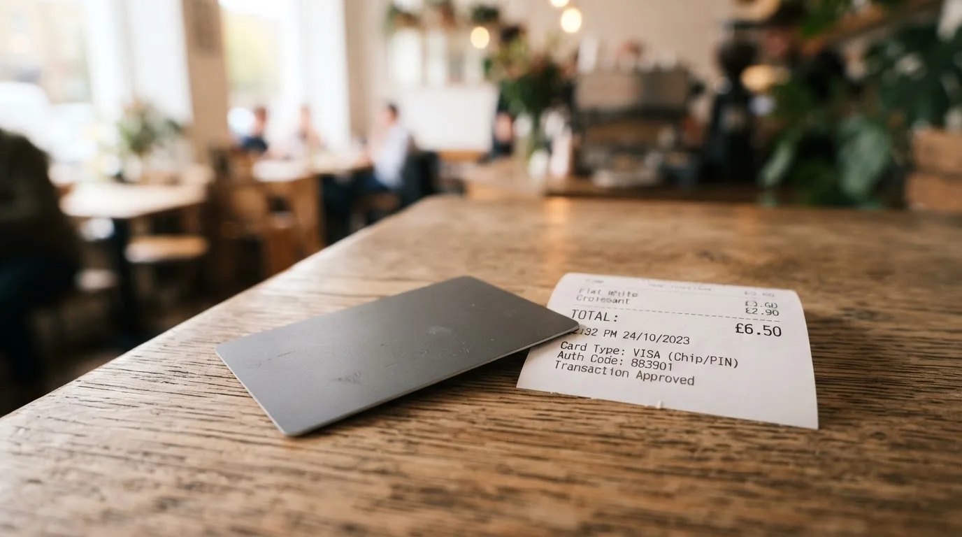 A receipt and a card on a café table