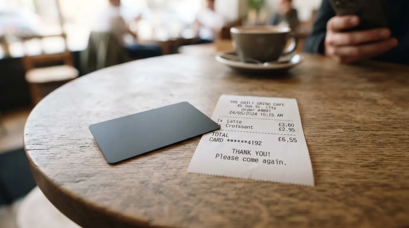 A receipt and a card on a café table