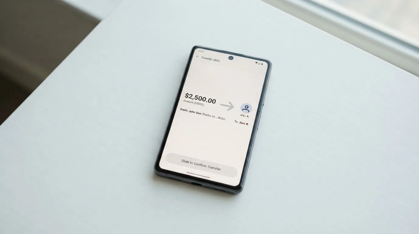 A phone showing a stablecoin transfer screen
