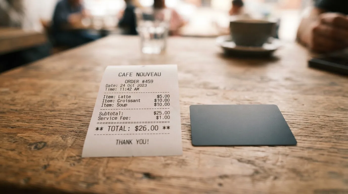 A receipt and a card on a café table