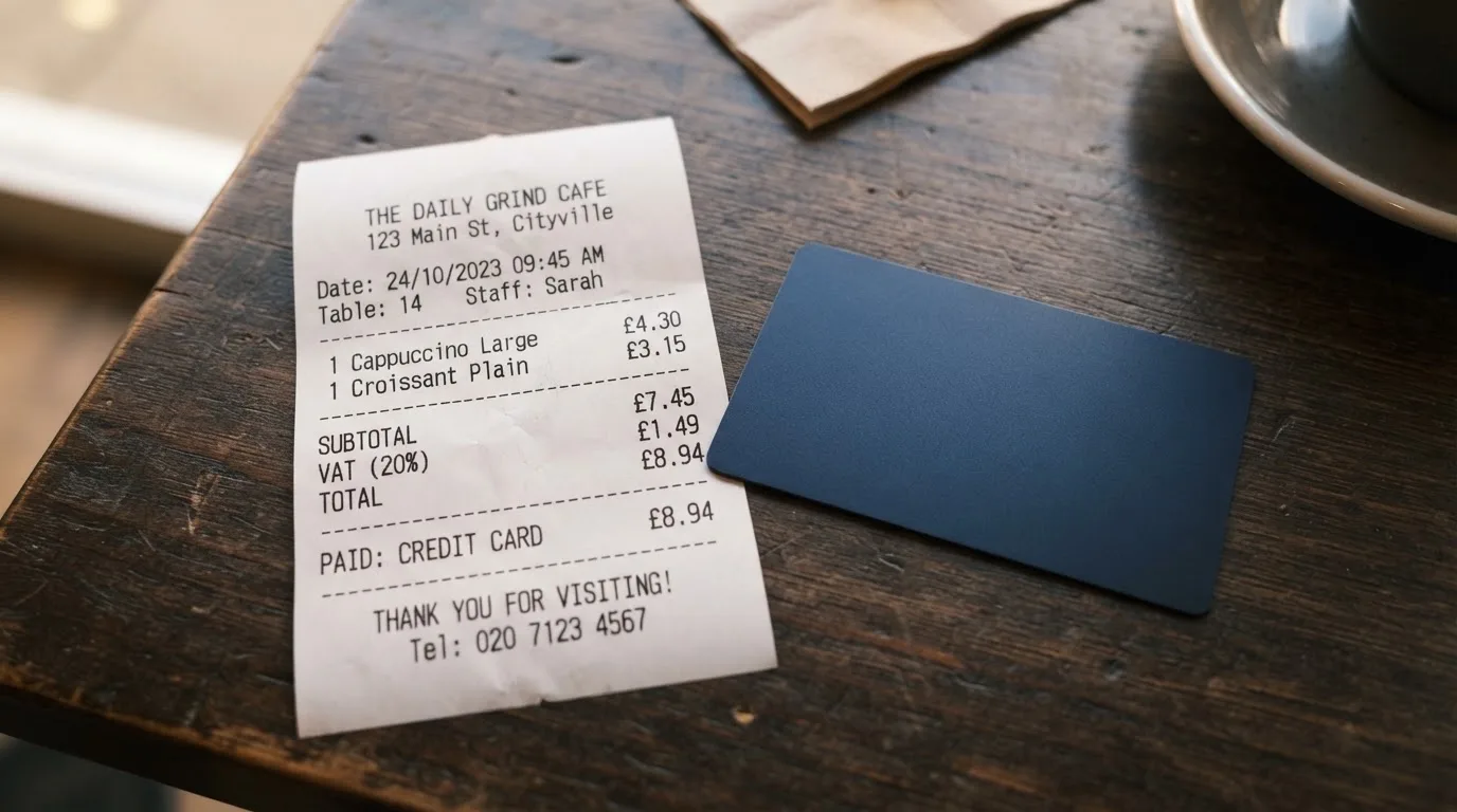 A receipt and a card on a café table