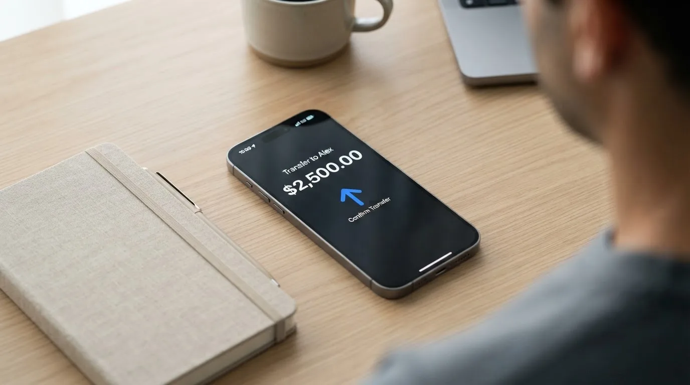 A phone showing a stablecoin transfer screen