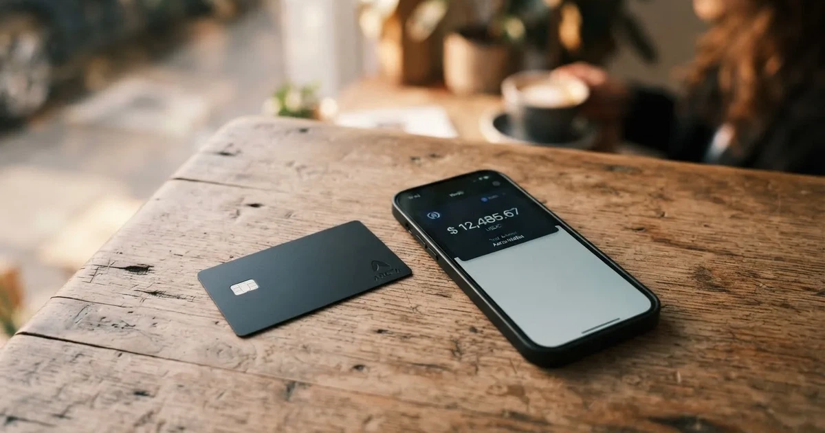 A payment card next to a phone with a crypto wallet app open