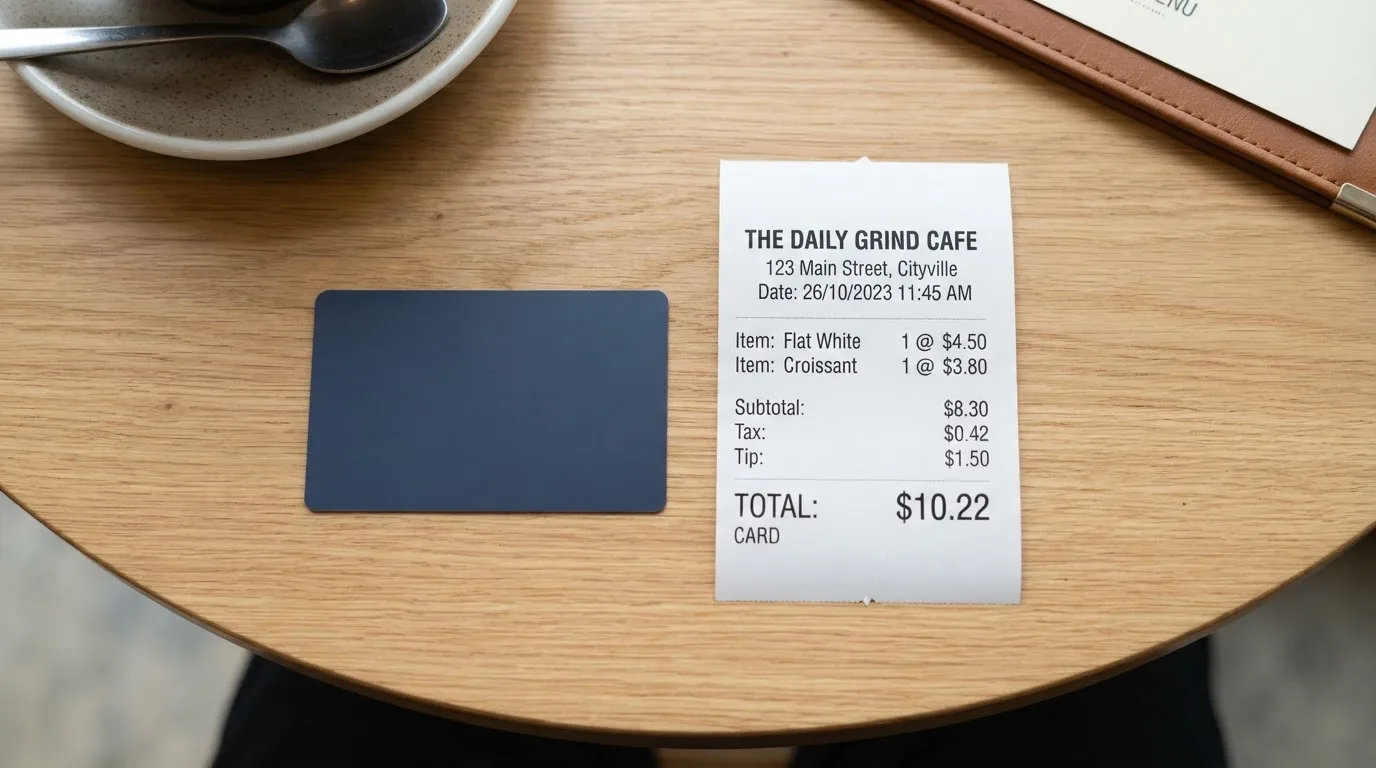 A receipt and a card on a café table